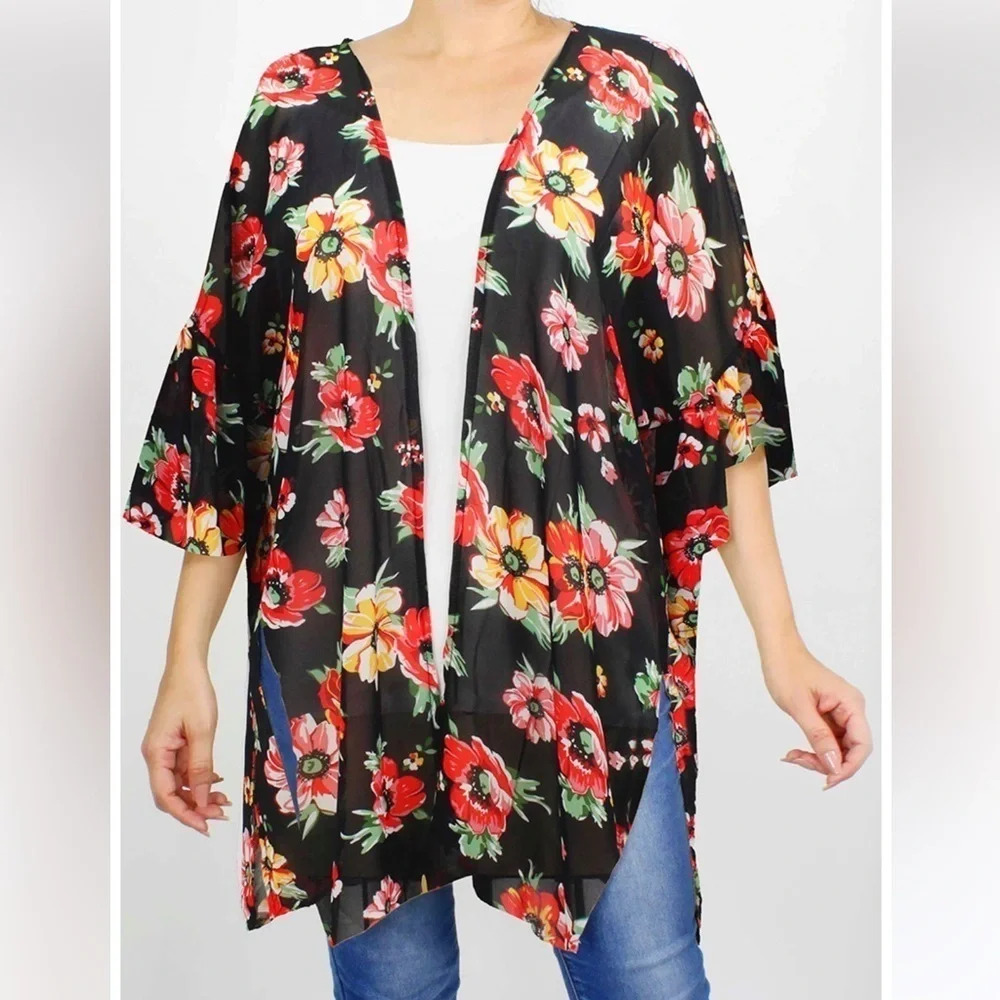 Floral Ruffled Sleeve Open Front‎ Split Side Hip Length Kimono OS